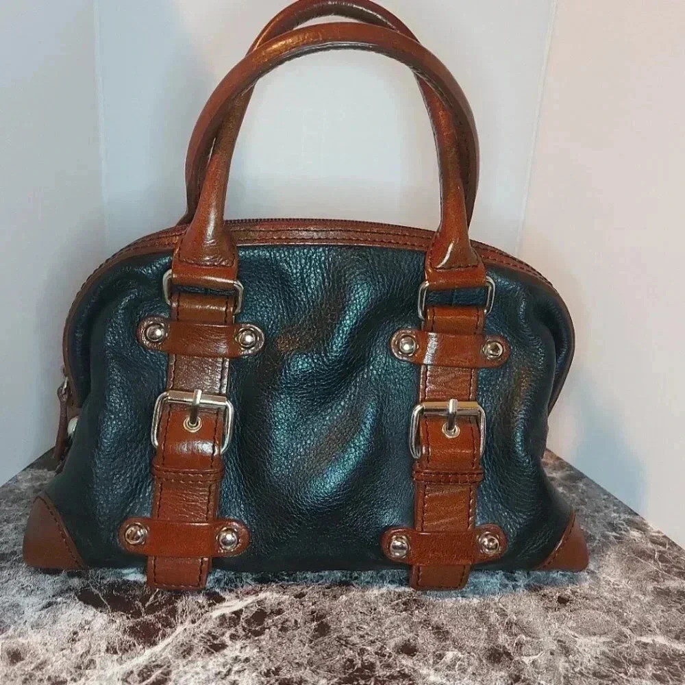 Danier | Super Cute Mini Handbag Black  and Brown Leather with Silver Hardware